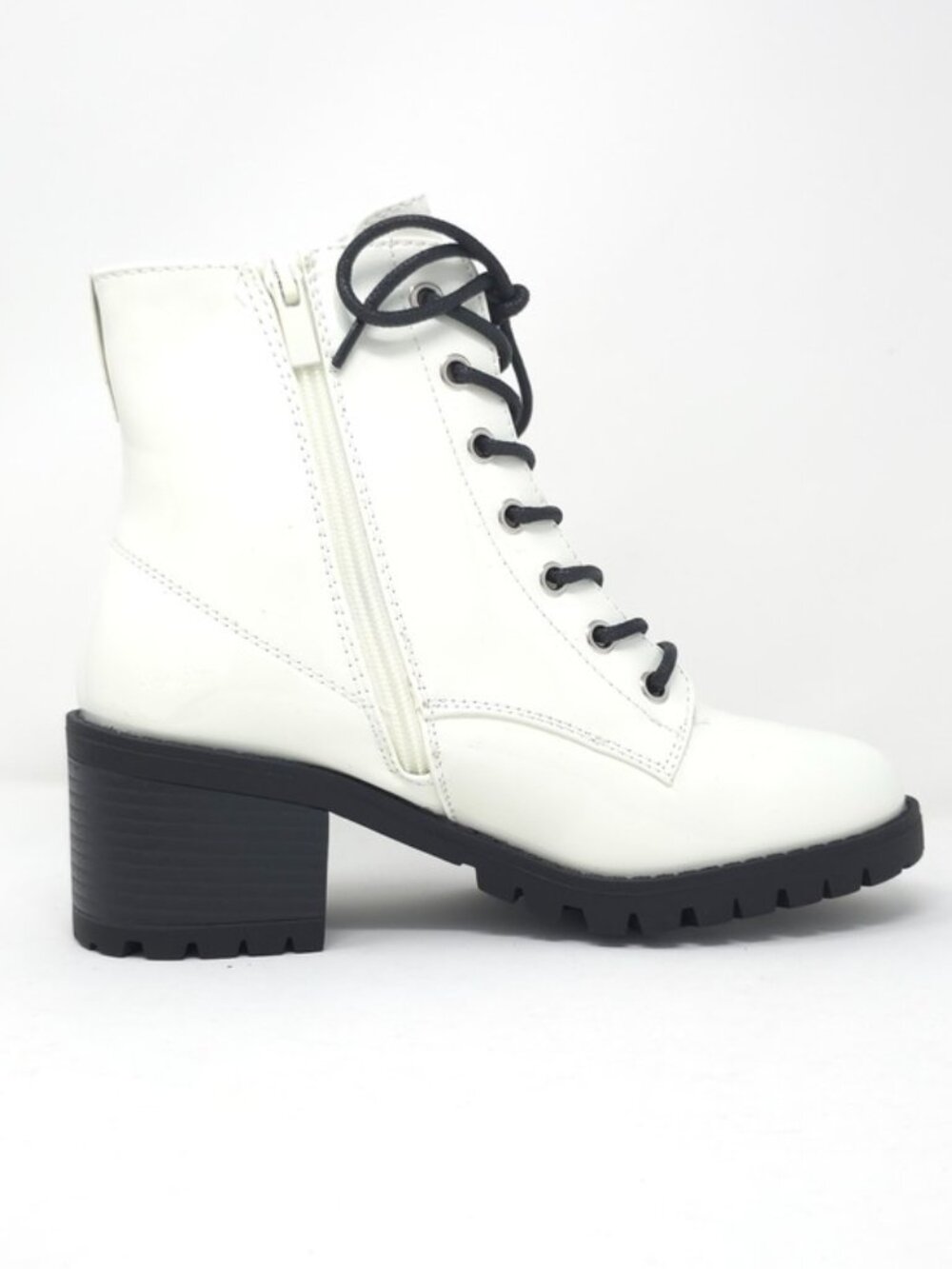 Combat Boots Chunky Heel Lace Up Side Zipper Faux Leather White Pat Ankle Boot - Picture 4 of 12